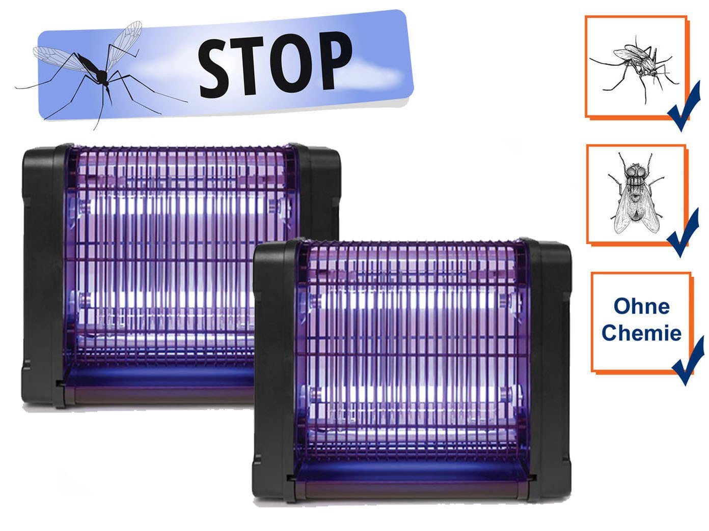 PEREL Insektenschutzplissee, Hängend oder als Standgerät, UV Insektenlampe 2er SET elektrische Mückenlampe Fliegenfalle 30-150m²