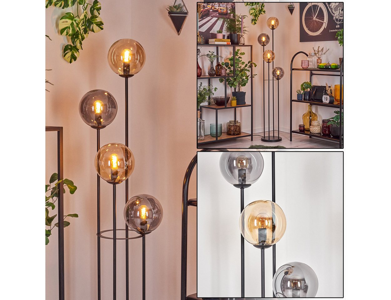 hofstein Stehlampe Stehlampe aus Metall/Glas in Schwarz/Rauch/Bernstein mit Fußschalter, ohne Leuchtmittel, Stehleuchte im Retro/Vintage-Design mit Glasschirmen (15 cm), E14 Bild 5