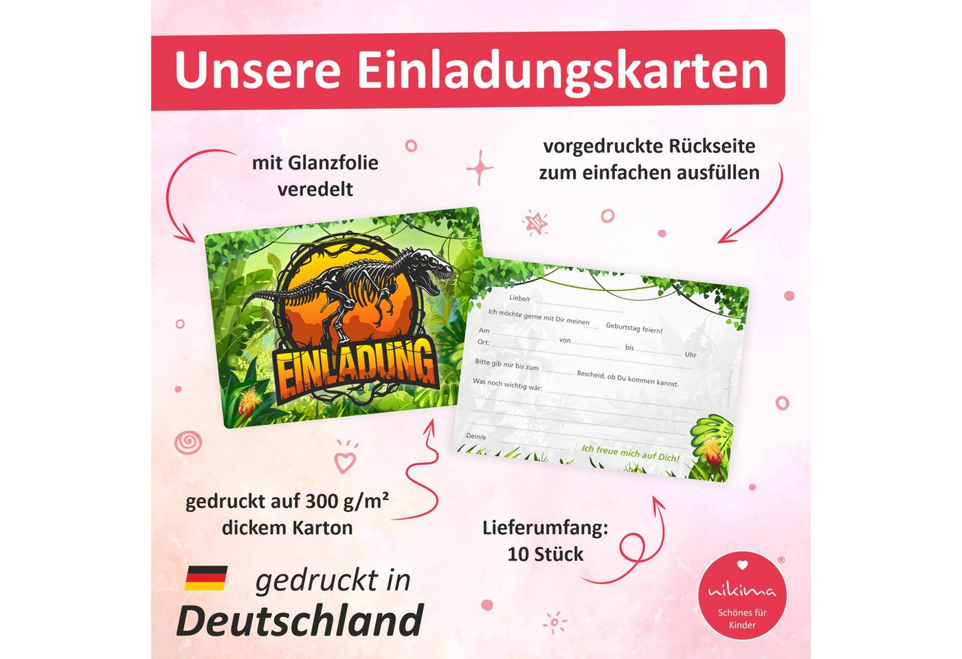 nikima Einladungskarten 10 Einladungskarten mit Glanzlack Dinosaurier für Kindergeburtstag Bild 2