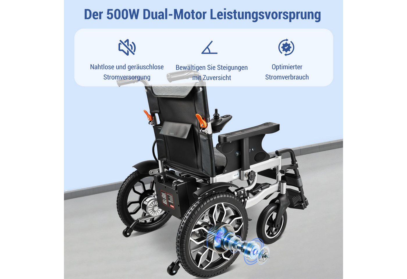 Vankel Elektrorollstuhl faltbar leicht elektr. Rollstuhl 500W, max.20 km max.150 kg, mit 360°-Joystick, Geländegängigkeit & extrabreitem Sitz