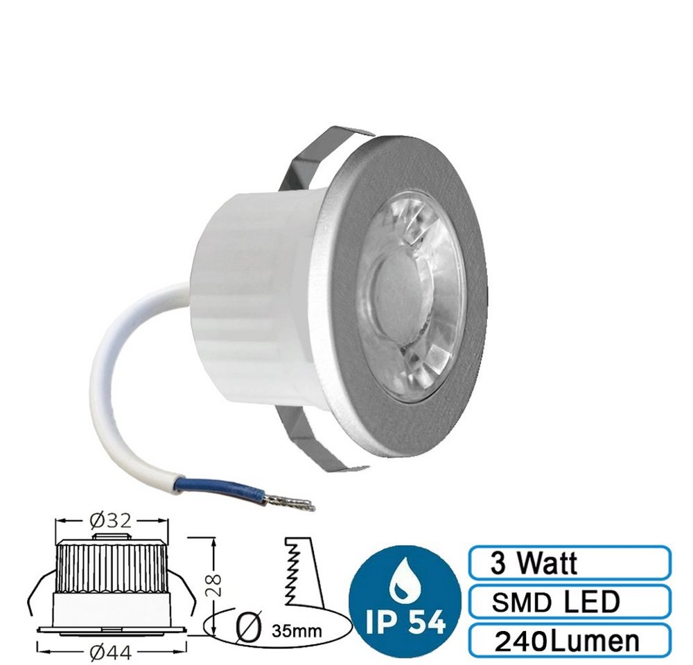 Braytron LED Einbaustrahler 3w Mini LED Einbauleuchte Einbaustrahler Spot Silber 240 Lume Warmweiß, Warmweiß, 3w, 210 Lumen, Warmweiß, Ø44 x 28 mm, Silber, Lochmaß: Ø32, rund, IP54 Bild 4