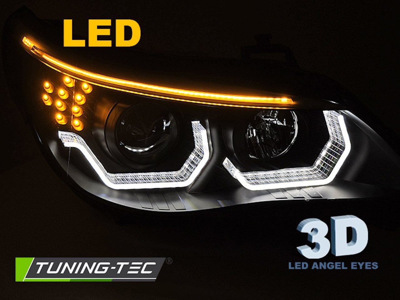 LLCTOOLS KFZ-Ersatzleuchte Angel Eyes Scheinwerfer BMW E60 E61 03–07 Schwarz 3D LED H7 H1