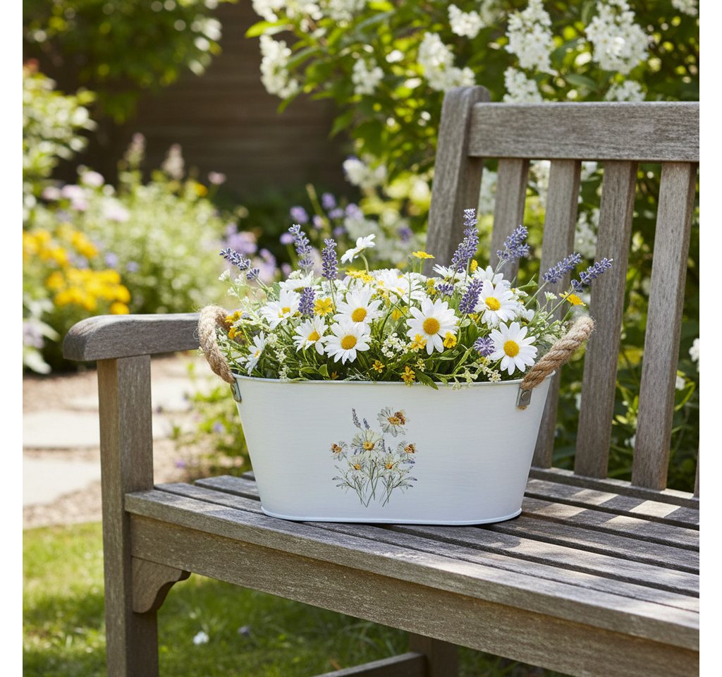 Florists Products Übertopf Dekorative Metallschale mit Blumenmotiv und Jutegriffen