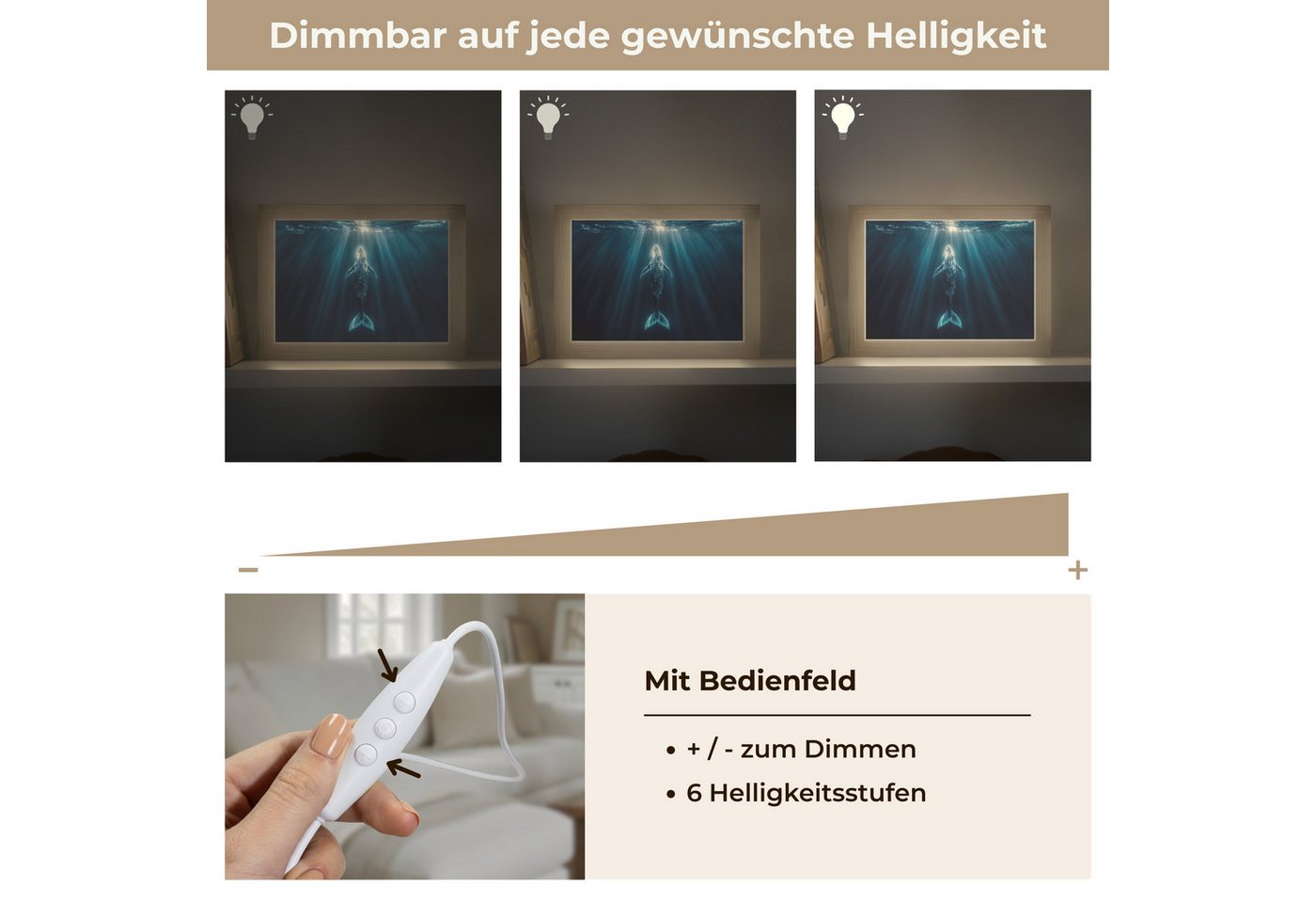 OnlyWow Tischleuchte Lightbox Wal - Wasser - Sonnenstrahlen - Blau, Dimmbar, Farbwechsel, LED, Warmweiß, Kaltweiß, Neutralweiß Einstellbar, Tischlampe, Schreibtischlampe, Desk, Dimmbar, mit Kabel, LED
