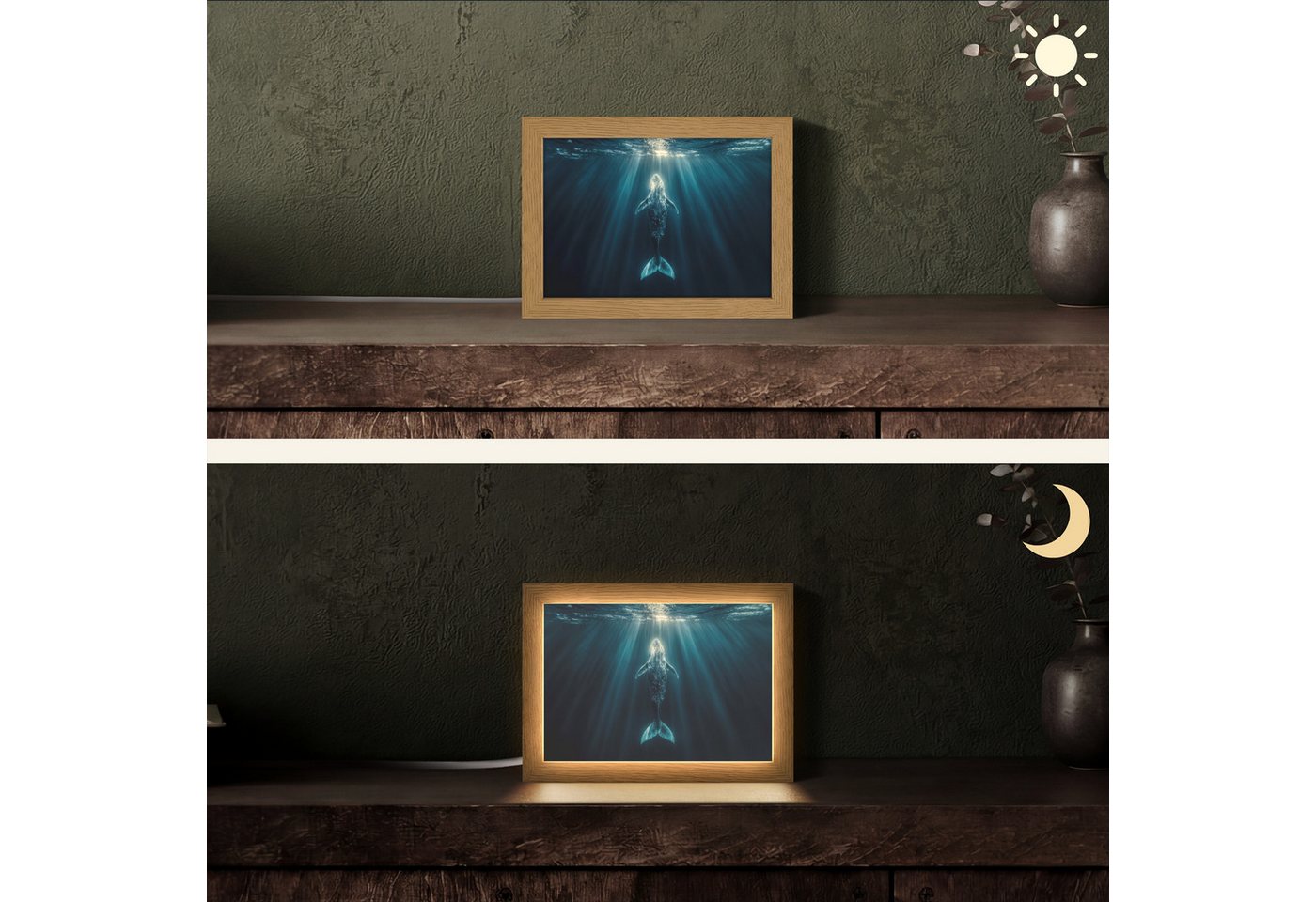 OnlyWow Tischleuchte Lightbox Wal - Wasser - Sonnenstrahlen - Blau, Dimmbar, Farbwechsel, LED, Warmweiß, Kaltweiß, Neutralweiß Einstellbar, Tischlampe, Schreibtischlampe, Desk, Dimmbar, mit Kabel, LED Bild 3