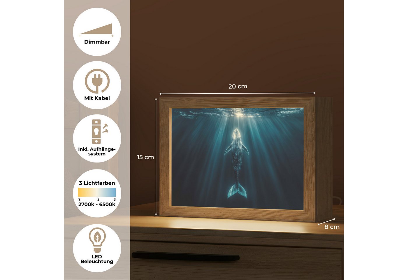 OnlyWow Tischleuchte Lightbox Wal - Wasser - Sonnenstrahlen - Blau, Dimmbar, Farbwechsel, LED, Warmweiß, Kaltweiß, Neutralweiß Einstellbar, Tischlampe, Schreibtischlampe, Desk, Dimmbar, mit Kabel, LED Bild 4