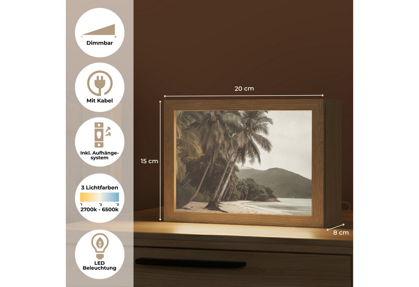 OnlyWow Tischleuchte Lightbox Insel - Palme - Meer, Dimmbar, Farbwechsel, LED, Warmweiß, Kaltweiß, Neutralweiß Einstellbar, Tischlampe, Schreibtischlampe, Desk, Dimmbar, mit Kabel, LED