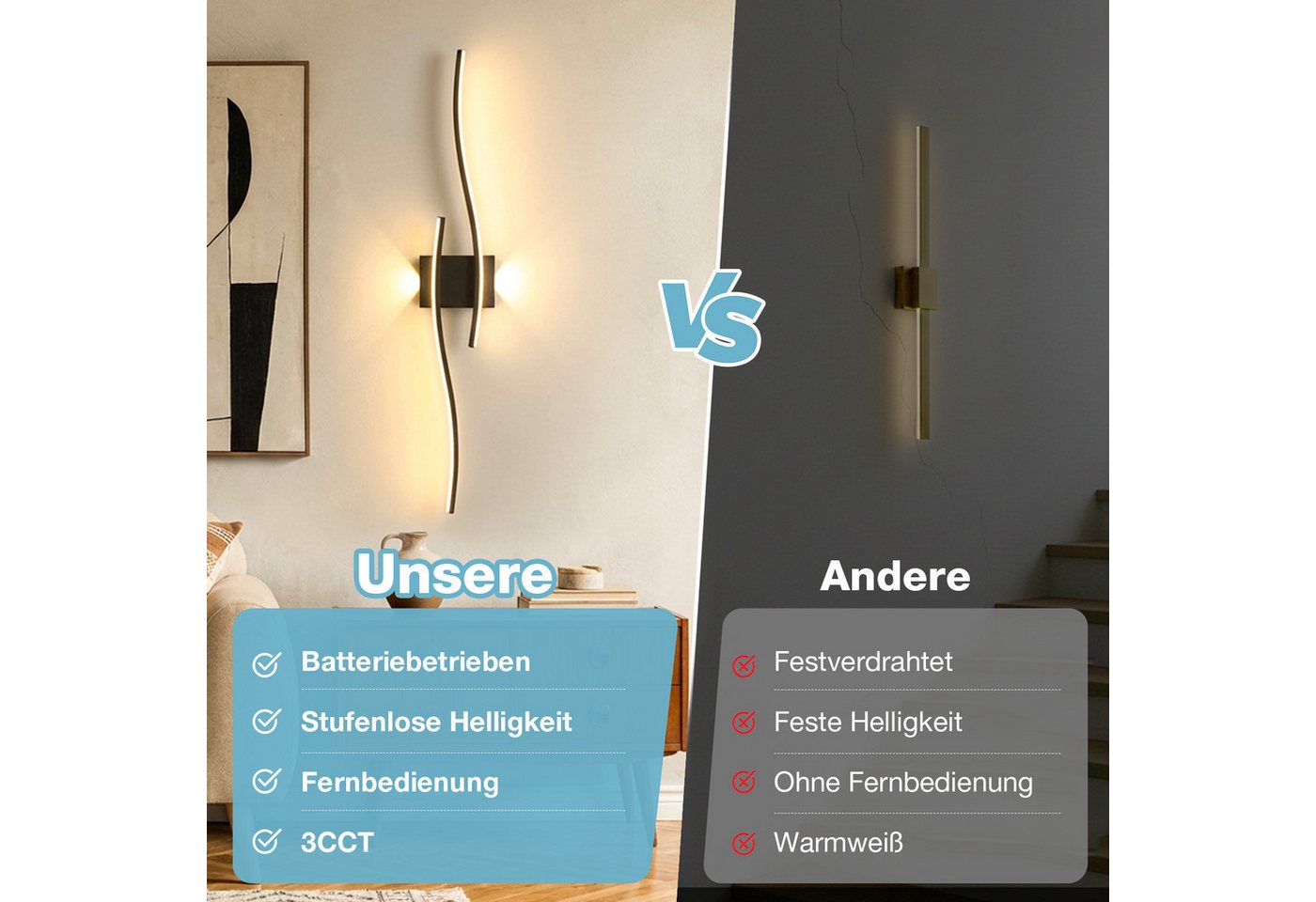 Lapamax LED Wandleuchte Akku-LED Wandleuchte Innen, 10000 mAh, 3 Lichtfarben, Dimmbar, dimmbar, Timer, Memory-Funktion, Nachtlicht, LED, warmweiß, neutralweiß, kaltweiß, Kabellose LED-Wandlampe mit Fernbedienung, Timer und Touch-Steuerung Bild 2