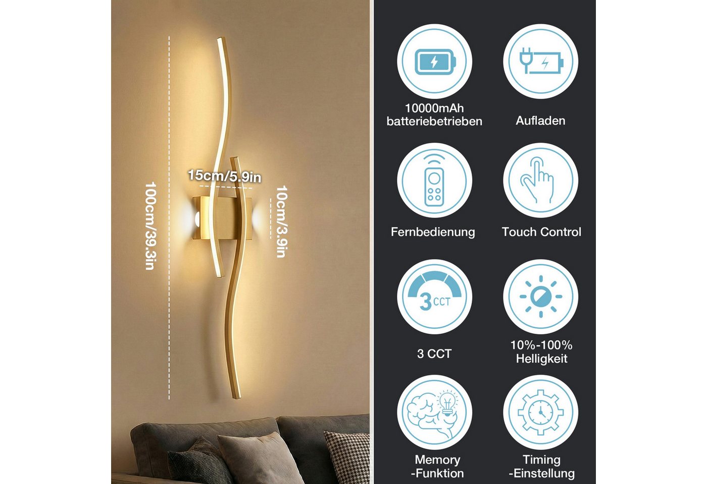 Lapamax LED Wandleuchte Akku-LED Wandleuchte Innen, 10000 mAh, 3 Lichtfarben, Dimmbar, dimmbar, Timer, Memory-Funktion, Nachtlicht, LED, warmweiß, neutralweiß, kaltweiß, Kabellose LED-Wandlampe mit Fernbedienung, Timer und Touch-Steuerung Bild 4