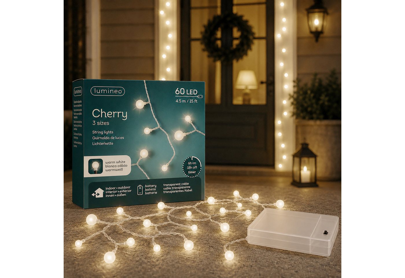 Lumineo LED-Lichterkette, LED Lichterkette Cherry 4,5m Batterie 60 LEDs Warmweiß / transparent Bild 2