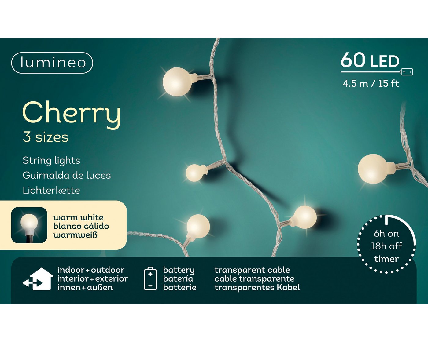 Lumineo LED-Lichterkette, LED Lichterkette Cherry 4,5m Batterie 60 LEDs Warmweiß / transparent Bild 4