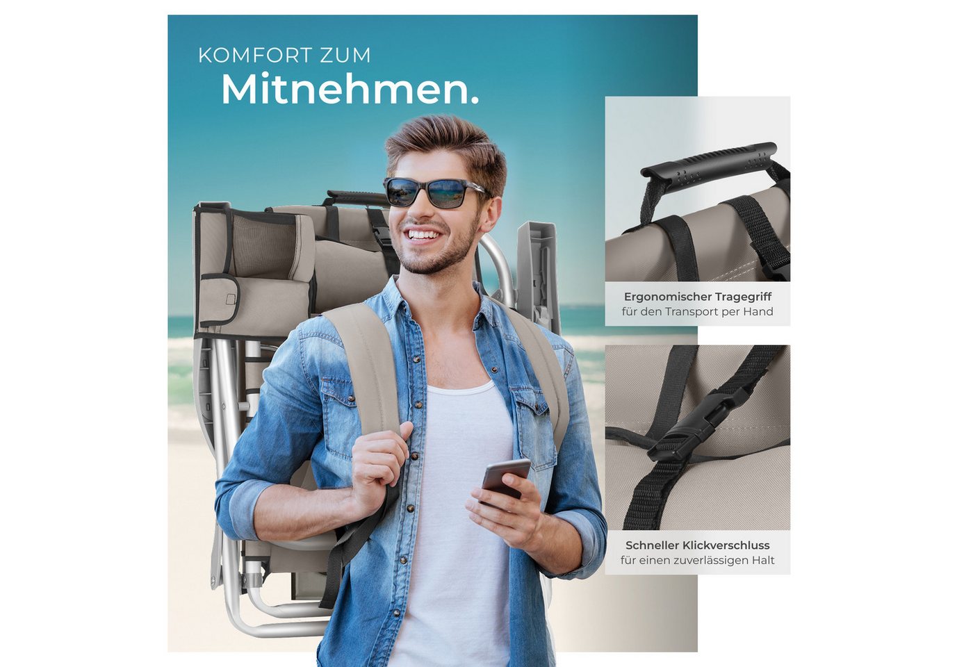 tectake Klappstuhl Aluminium Klappstuhl Coral - vielseitig und leicht (strandstuhl Coral, 2 St), Integrierte Schultergurte als Rucksackfunktion Bild 2