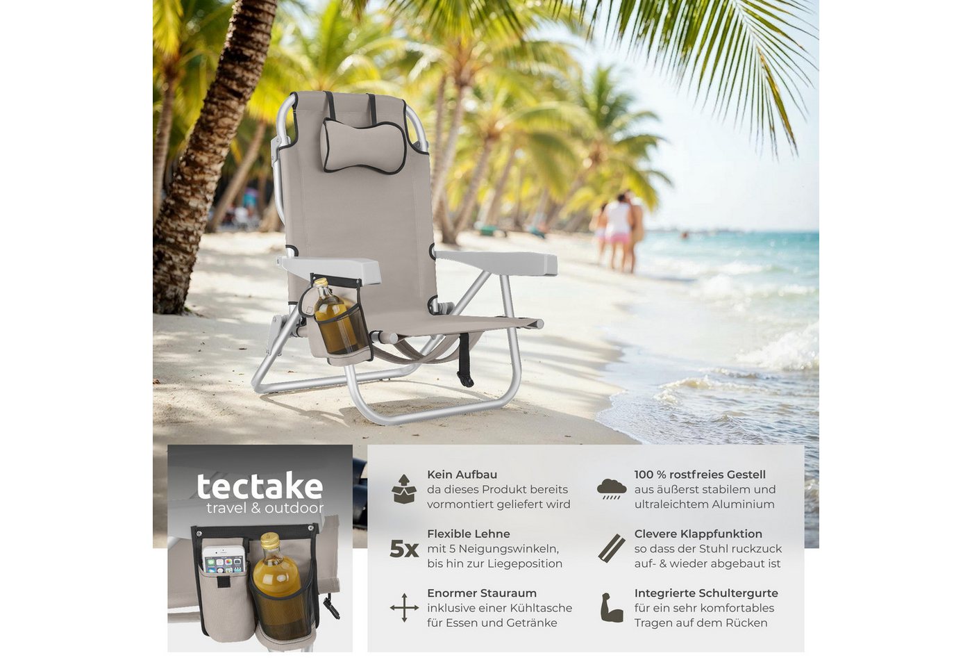 tectake Klappstuhl Aluminium Klappstuhl Coral - vielseitig und leicht (strandstuhl Coral, 2 St), Integrierte Schultergurte als Rucksackfunktion Bild 4