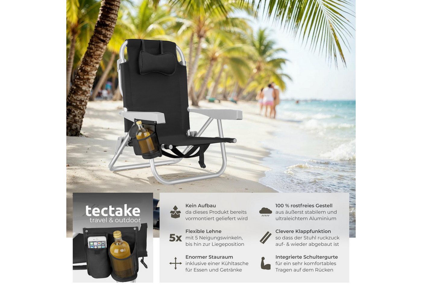 tectake Klappstuhl Strandstuhl Coral - klappbar mit Rucksackfunktion (strandstuhl Coral, 1 St), 5-fach verstellbare Rückenlehne bis liegeposition