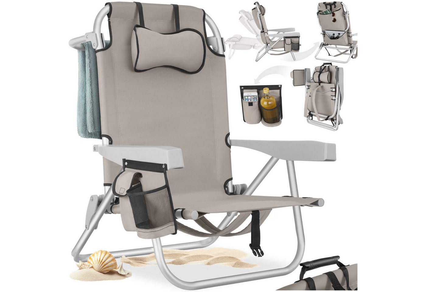 tectake Klappstuhl faltbarer Aluminium strandstuhl Coral - rucksackfunktion und (strandstuhl Coral, 1 St), 5-fach verstellbare Rückenlehne bis zur Liegeposition
