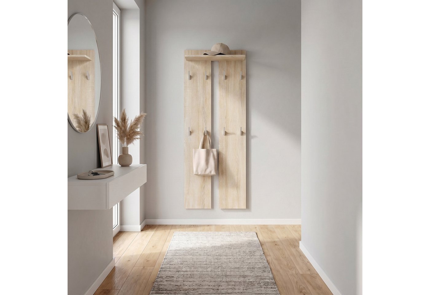 Vladon Garderobenpaneel Wandpaneel 170 (Garderobenpaneel, bestehend aus 2 Paneelen und 1 Ablagefläche), Eiche sägerau (57 x 170 x 20 cm) Bild 4