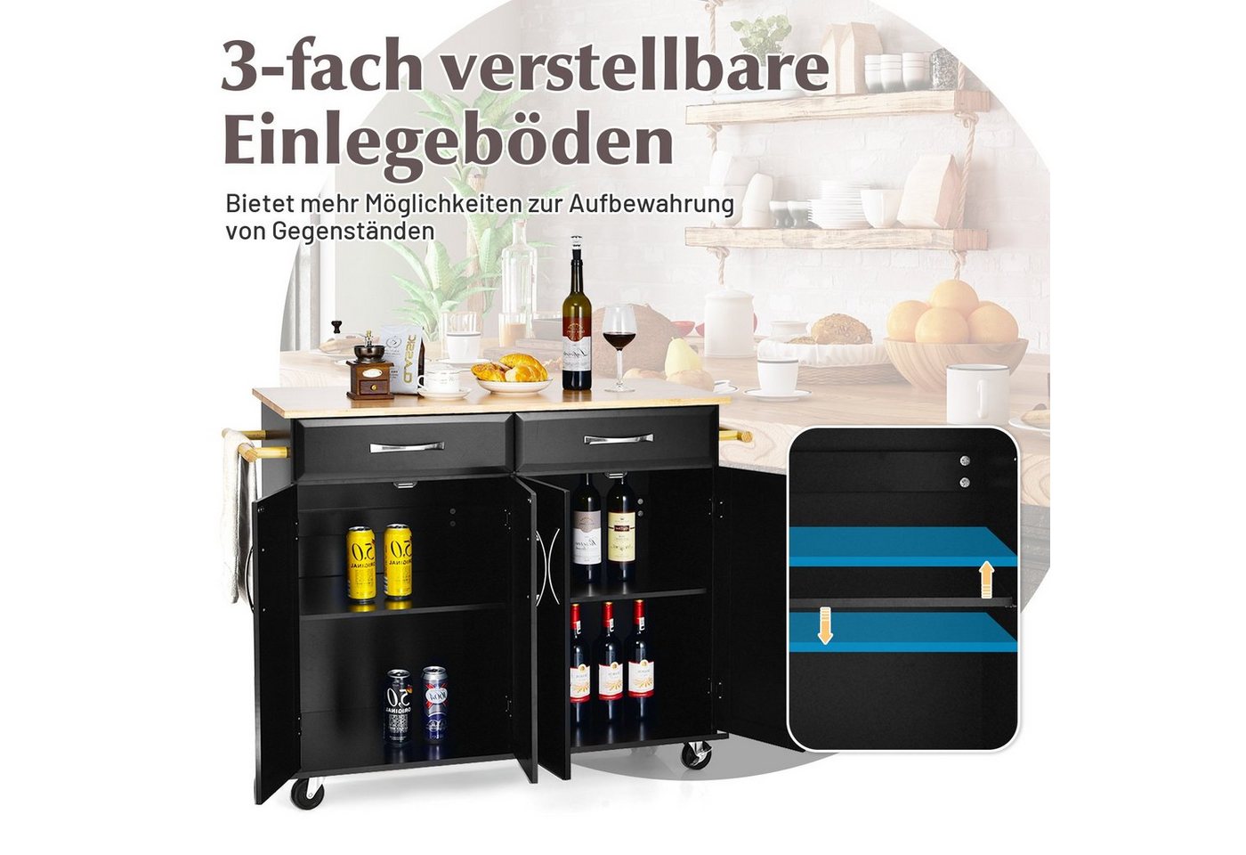 COSTWAY Küchenwagen, mit Arbeitsplatte, Schubladen, Rollen & Handtuchhalter Bild 4