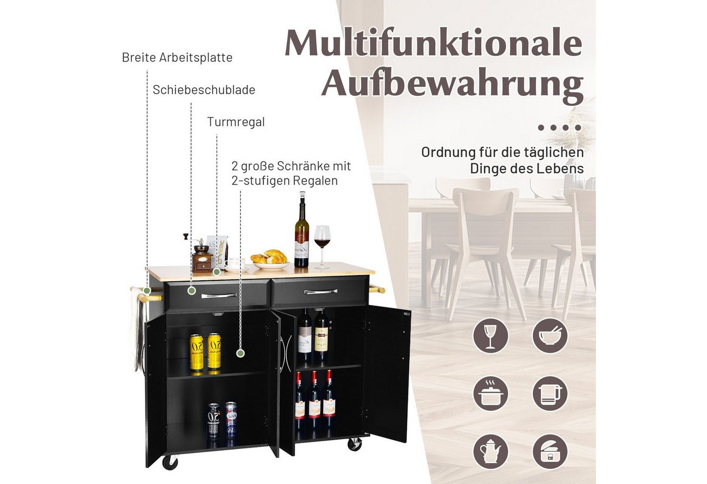 COSTWAY Küchenwagen, mit Arbeitsplatte, Schubladen, Rollen & Handtuchhalter Bild 5