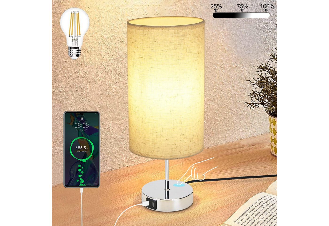 ZMH Tischleuchte Schlafzimmer Touch Nachttischlampe - Warmweiß Dimmbar, max. 40W,Stoffschirm, Chromfuß Bild 2