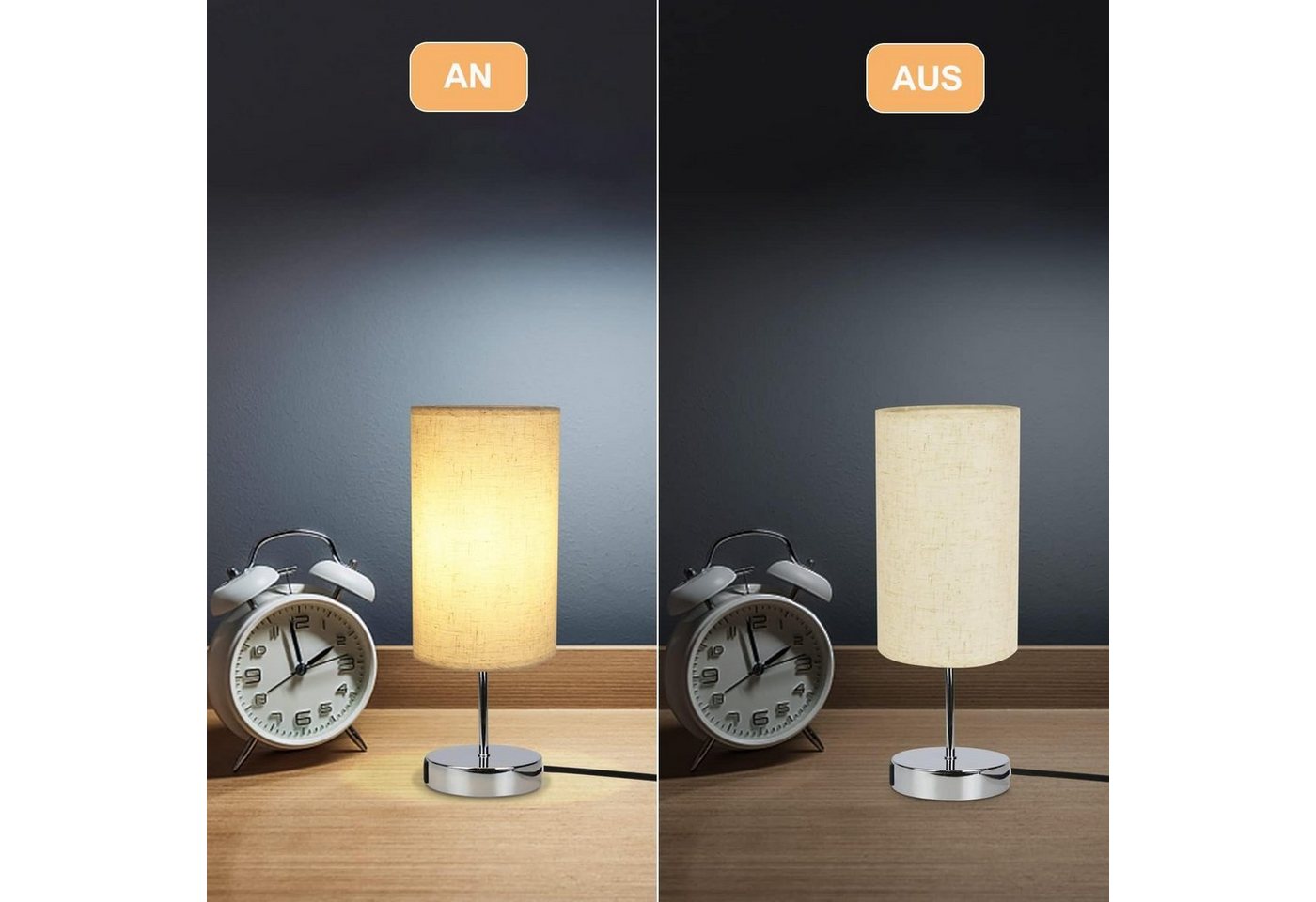 ZMH Tischleuchte Schlafzimmer Touch Nachttischlampe - Warmweiß Dimmbar, max. 40W,Stoffschirm, Chromfuß Bild 3