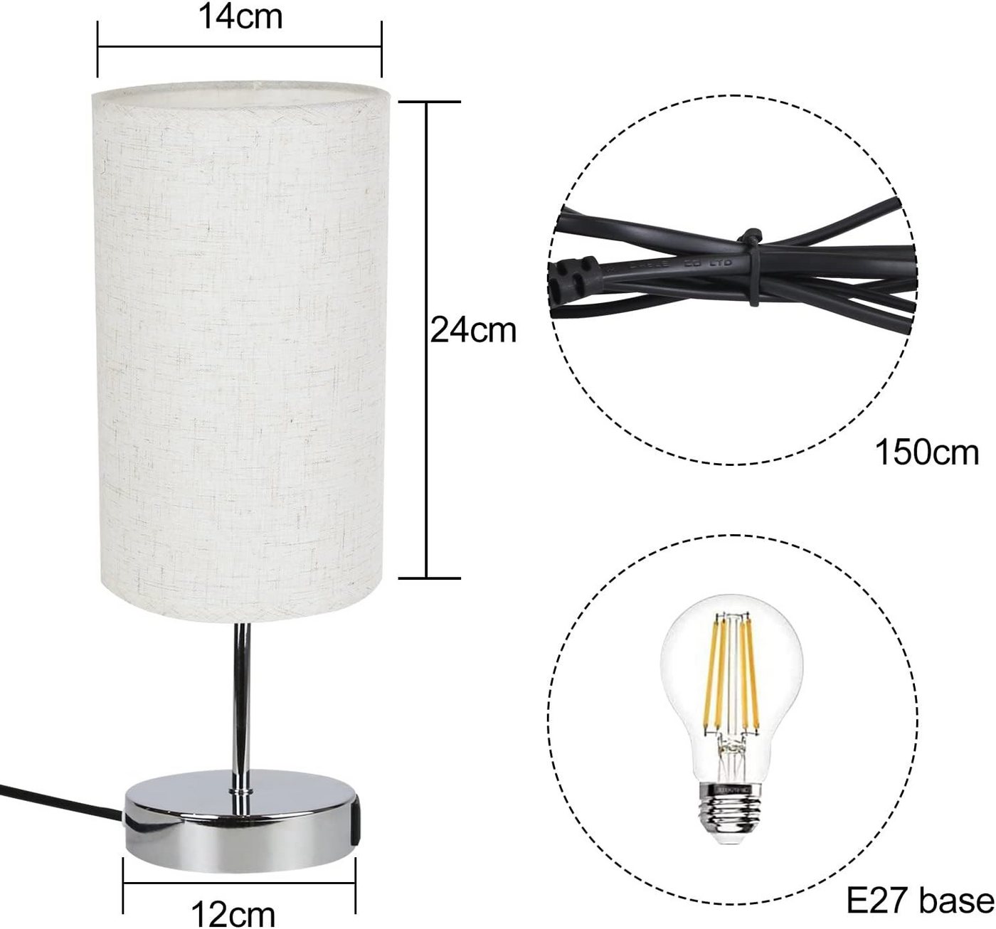 ZMH Tischleuchte Schlafzimmer Touch Nachttischlampe - Warmweiß Dimmbar, max. 40W,Stoffschirm, Chromfuß Bild 5