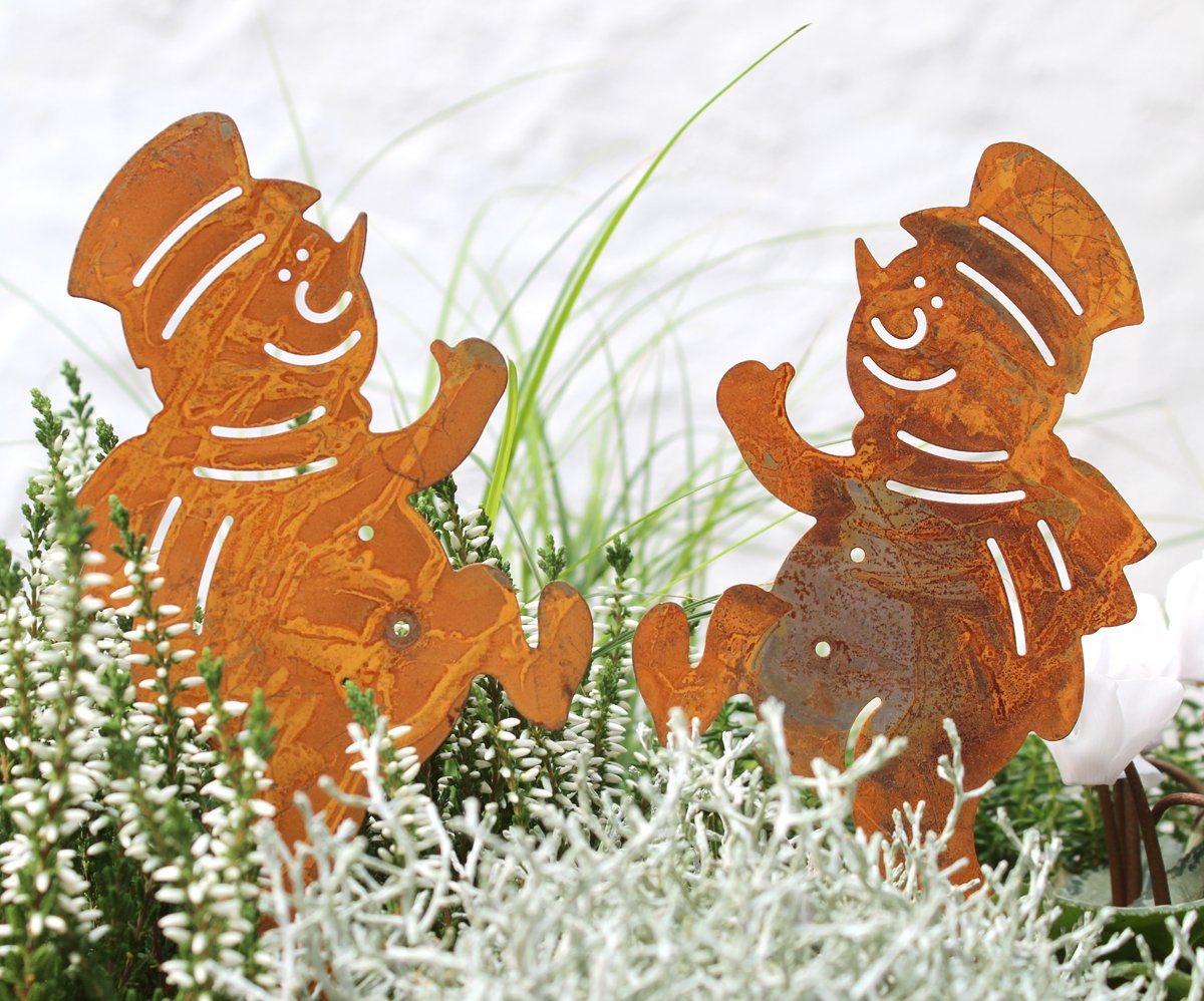LB H&F Lilienburg Gartenfigur 2er SET Weihnachtsdeko Winter Schneemann Garten Gartenstecker, (Gartendeko Dekofigur Beetstecker Roststecker Metall Rost Herbst Winter outdoor draußen Dekostecker 2er SCHNEEMANN), Dekostecker Metall Rostig draußen Gartendeko Weihnachten
