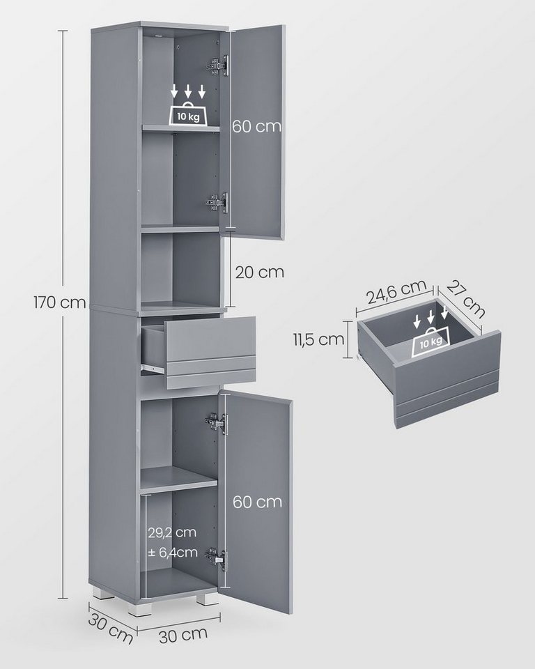 VASAGLE Badkommode Badezimmerschrank Badschrank verstellbare Ablagen, 30 x 30 x 170 cm, mit Einer Schublade, mystisches, Badezimmermöbel Bild 3