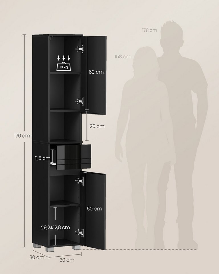 VASAGLE Badkommode Badezimmerschrank Badschrank verstellbare Ablagen, 30 x 30 x 170 cm, mit einer Schublade, Badezimmermöbel, offenes Fach