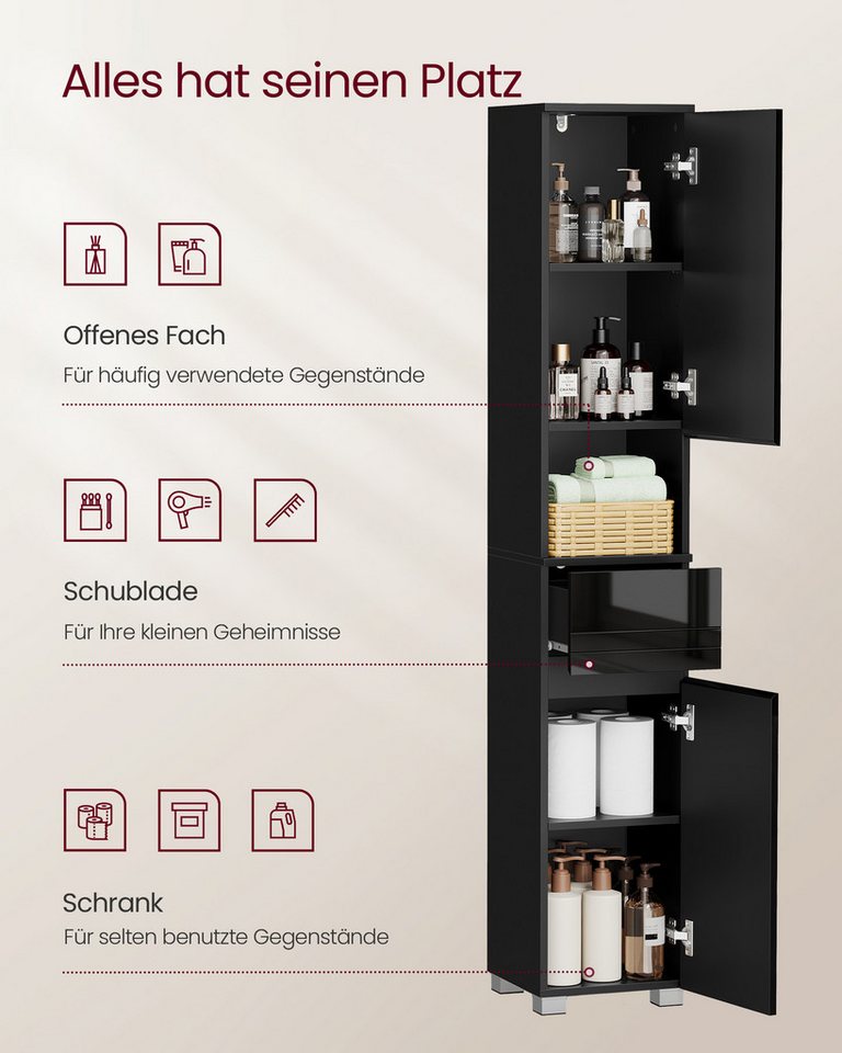 VASAGLE Badkommode Badezimmerschrank Badschrank verstellbare Ablagen, 30 x 30 x 170 cm, mit einer Schublade, Badezimmermöbel, offenes Fach Bild 5