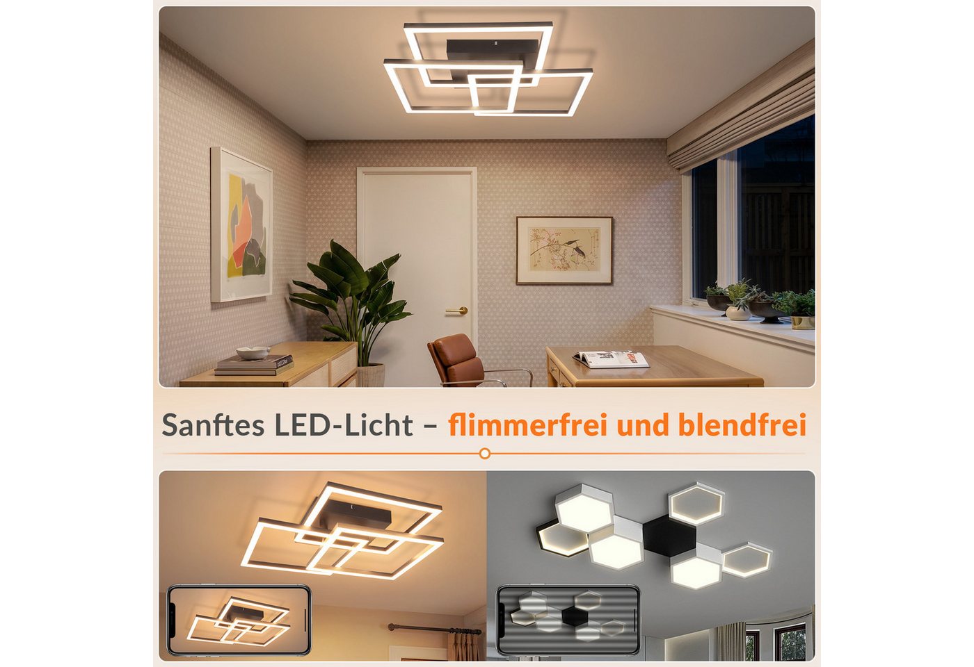 Nettlife LED Deckenleuchte 31/43W dimmbar Wohnzimmer Fernbedienung eckig modern Deckenlampe, LED fest integriert, für Schlafzimmer Küche Büro wechselbar von 3000K-6000K Bild 2