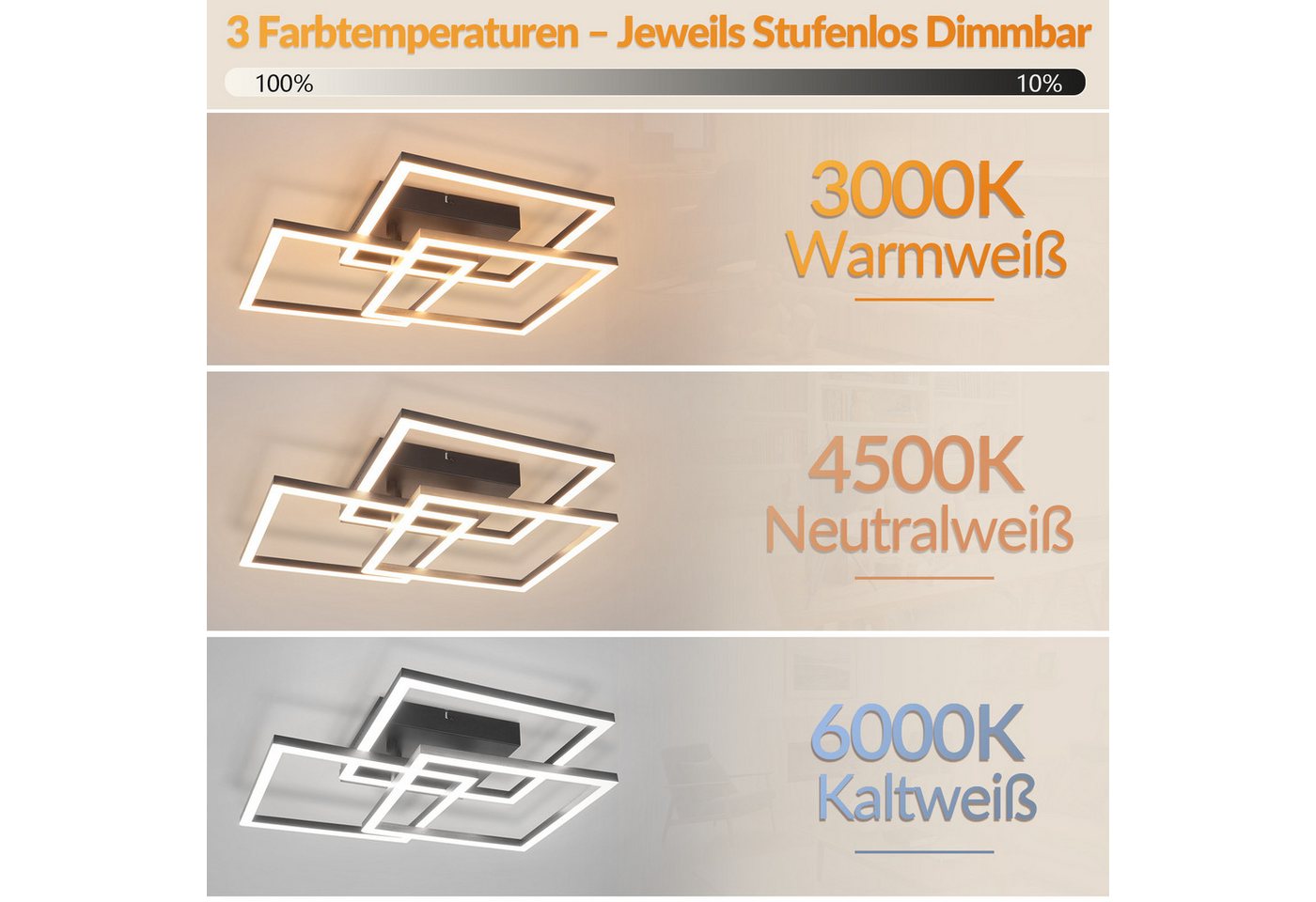 Nettlife LED Deckenleuchte 31/43W dimmbar Wohnzimmer Fernbedienung eckig modern Deckenlampe, LED fest integriert, für Schlafzimmer Küche Büro wechselbar von 3000K-6000K Bild 4