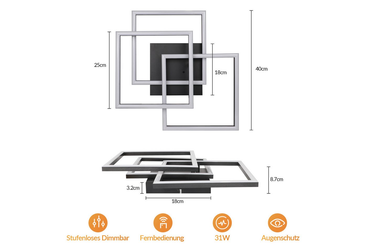 Nettlife LED Deckenleuchte 31/43W dimmbar Wohnzimmer Fernbedienung eckig modern Deckenlampe, LED fest integriert, für Schlafzimmer Küche Büro wechselbar von 3000K-6000K Bild 5