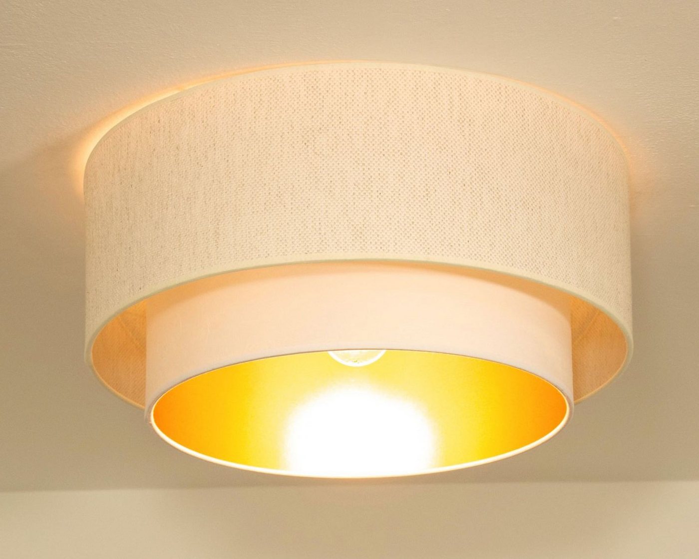 Licht-Erlebnisse Deckenleuchte ALEN, ohne Leuchtmittel, Stoff Metall E27 45 cm breit in Weiß Gold rund Modern Deckenlampe