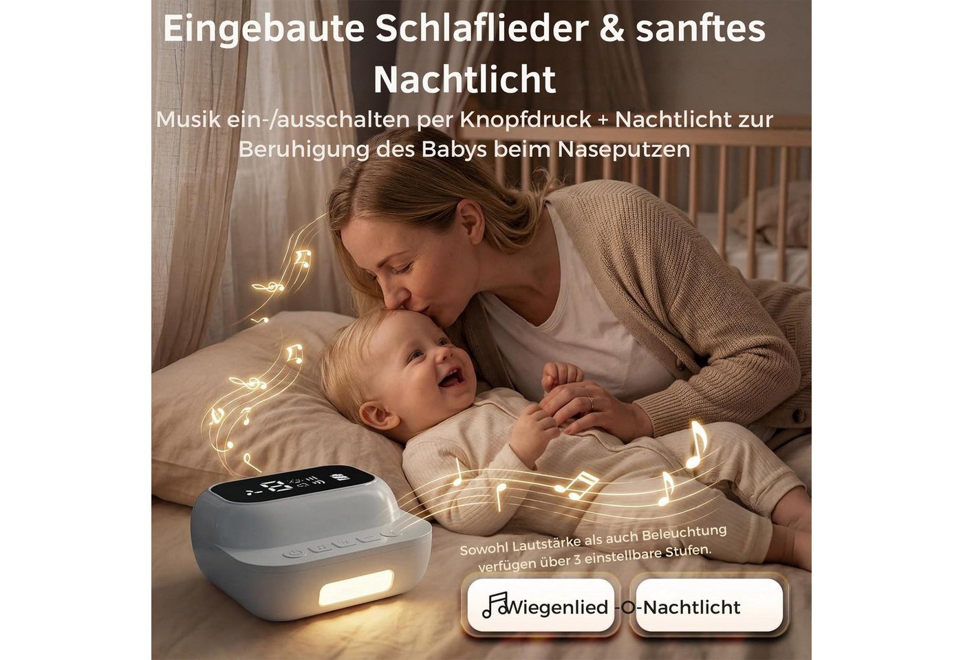 Vivitar Nasensauger mit flexiblem Schlauch, für Neugeborene & Babys, USB wiederaufladbar, LCD Display, einstellbare Saugstufen, sanftes Licht, optionale Musik, weiche Silikonaufsätze, leiser Baby Nasensauger bei verstopfter Nase, Nasenschleim Absauger, tragbar für Zuhause, unterwegs Bild 3