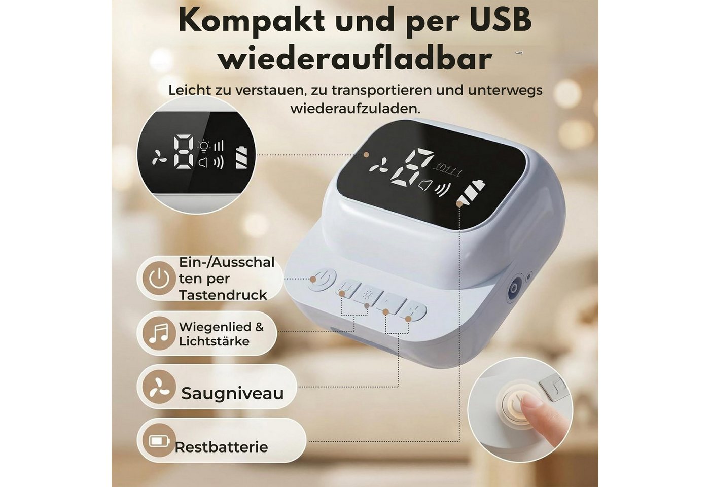 Vivitar Nasensauger mit flexiblem Schlauch, für Neugeborene & Babys, USB wiederaufladbar, LCD Display, einstellbare Saugstufen, sanftes Licht, optionale Musik, weiche Silikonaufsätze, leiser Baby Nasensauger bei verstopfter Nase, Nasenschleim Absauger, tragbar für Zuhause, unterwegs Bild 5