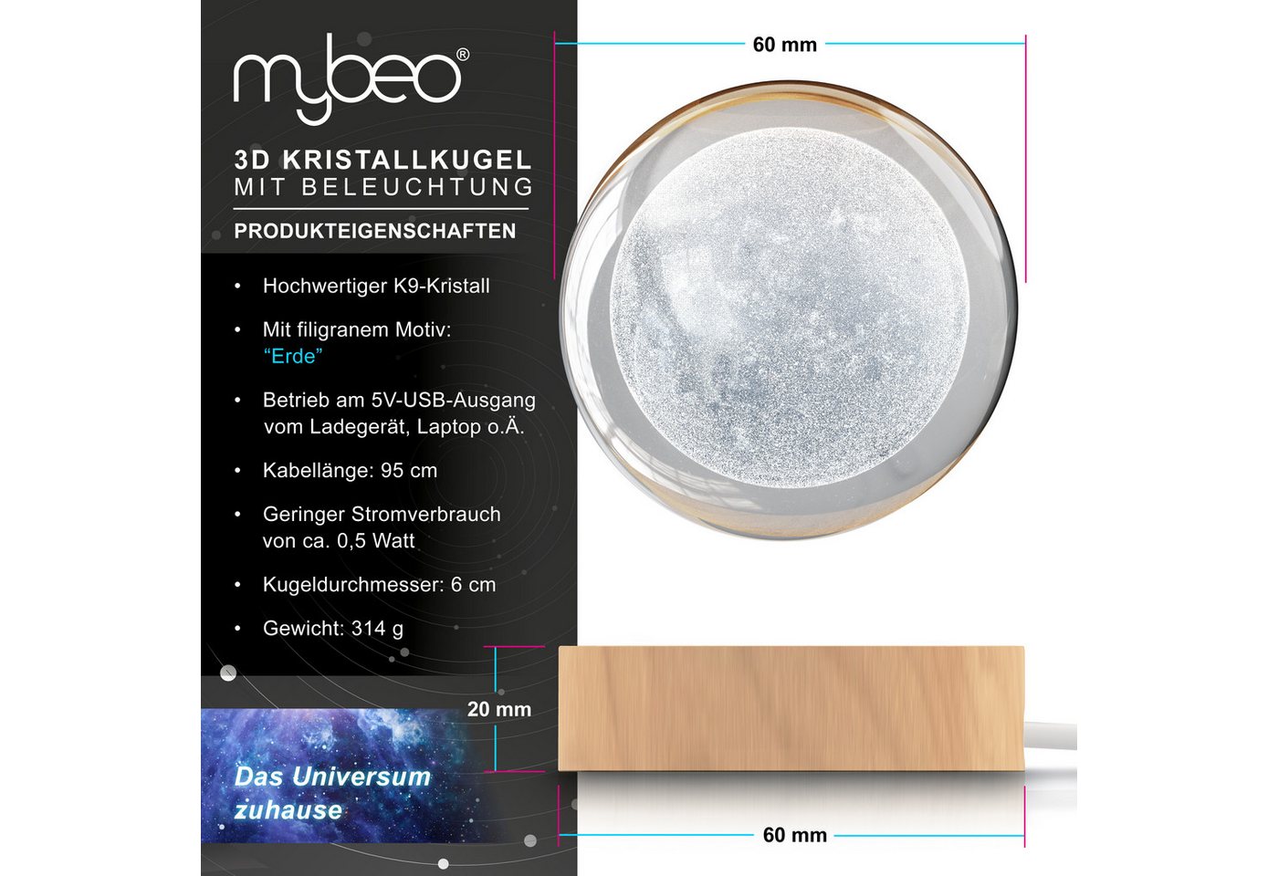 MyBeo LED Dekolicht 3D Glaskugel, Leuchtende Kristallkugel mit Gravur, Nachtlicht Skulptur, Farbwechsel, mit LED, USB-Anschluss, Nachtlichtfunktion, LED fest verbaut, Farbwechsler, RGB LED, K9 Kristall, 6 cm ⌀, Holzsockel, geringer Energieverbrauch
