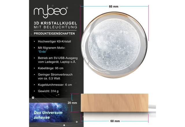 MyBeo LED Dekolicht 3D Glaskugel, Leuchtende Kristallkugel mit Gravur, Nachtlicht Skulptur, Farbwechsel, mit LED, USB-Anschluss, Nachtlichtfunktion, LED fest verbaut, Farbwechsler, RGB LED, K9 Kristall, 6 cm ⌀, Holzsockel, geringer Energieverbrauch