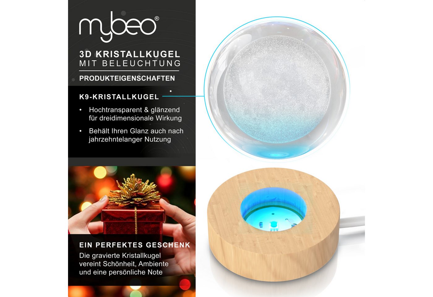 MyBeo LED Dekolicht 3D Glaskugel, Leuchtende Kristallkugel mit Gravur, Nachtlicht Skulptur, Farbwechsel, mit LED, USB-Anschluss, Nachtlichtfunktion, LED fest verbaut, Farbwechsler, RGB LED, K9 Kristall, 6 cm ⌀, Holzsockel, geringer Energieverbrauch Bild 2