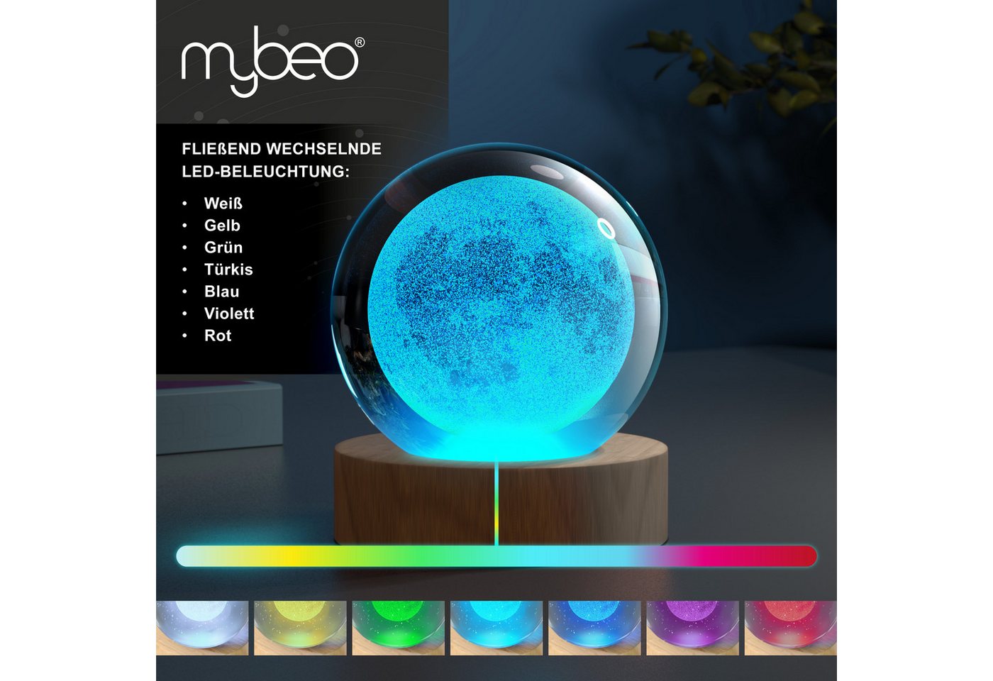 MyBeo LED Dekolicht 3D Glaskugel, Leuchtende Kristallkugel mit Gravur, Nachtlicht Skulptur, Farbwechsel, mit LED, USB-Anschluss, Nachtlichtfunktion, LED fest verbaut, Farbwechsler, RGB LED, K9 Kristall, 6 cm ⌀, Holzsockel, geringer Energieverbrauch Bild 4