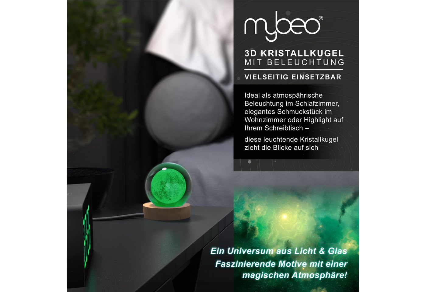 MyBeo LED Dekolicht 3D Glaskugel, Leuchtende Kristallkugel mit Gravur, Nachtlicht Skulptur, Farbwechsel, mit LED, USB-Anschluss, Nachtlichtfunktion, LED fest verbaut, Farbwechsler, RGB LED, K9 Kristall, 6 cm ⌀, Holzsockel, geringer Energieverbrauch Bild 5