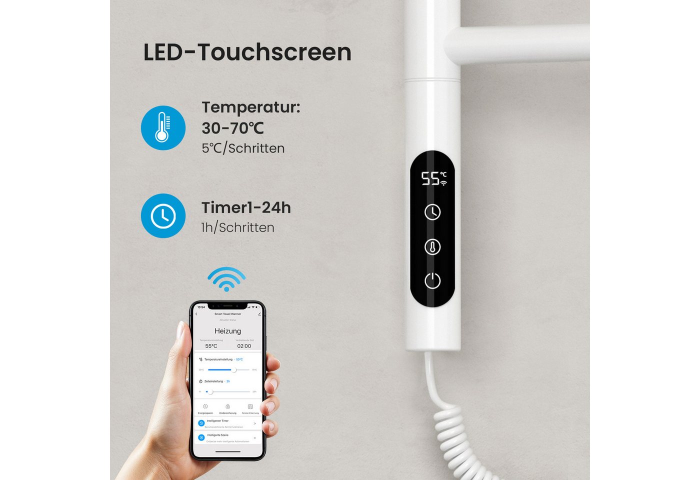 MEYKOERS Heizkörper Elektrisch für Handtücher mit 6 schwenkbaren Heizarmen, 180° drehbar, 135W, Weiß, WLAN-Steuerung, App- & Sprachsteuerung, 6 Heizmodi