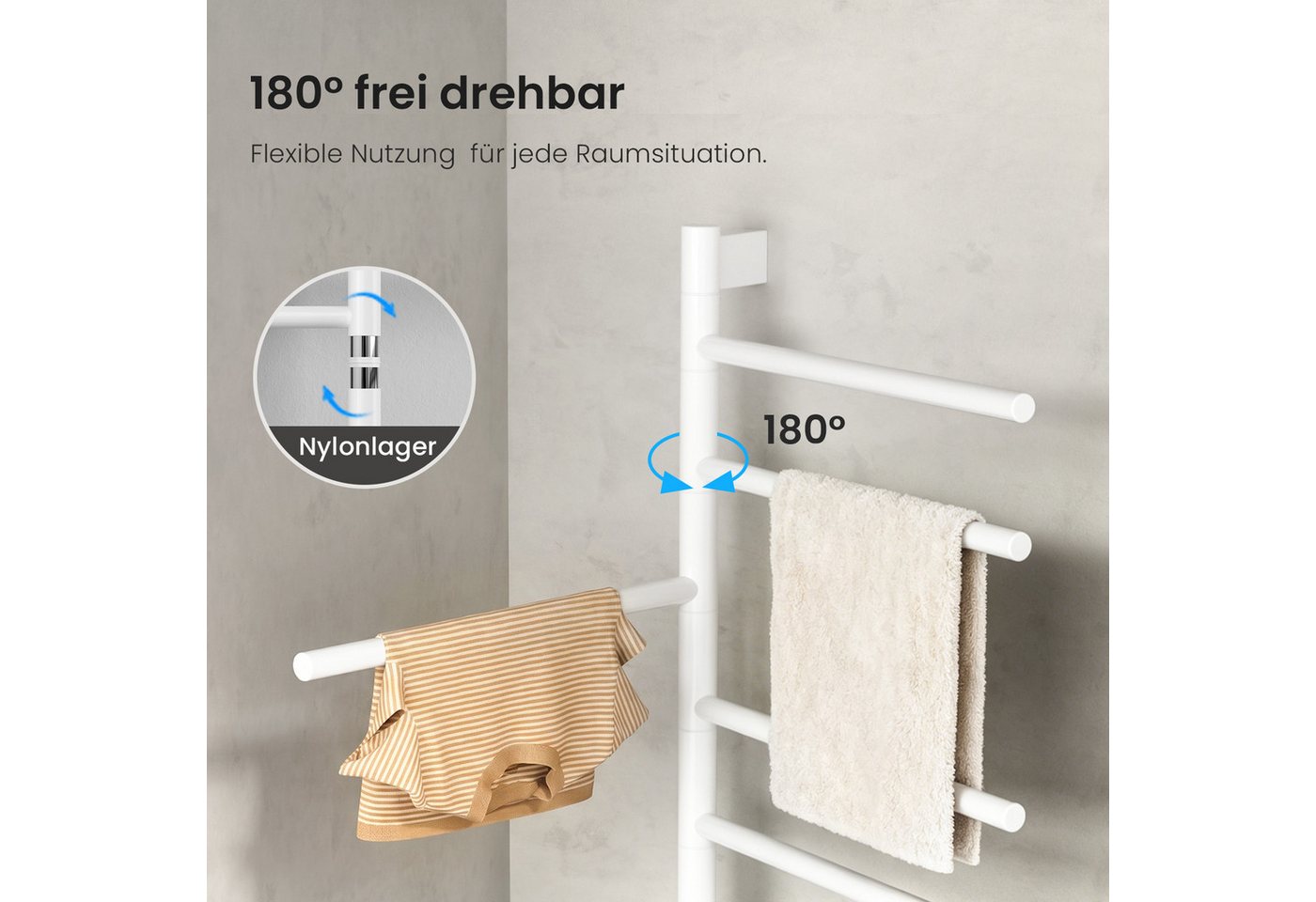 MEYKOERS Heizkörper Elektrisch für Handtücher mit 6 schwenkbaren Heizarmen, 180° drehbar, 135W, Weiß, WLAN-Steuerung, App- & Sprachsteuerung, 6 Heizmodi Bild 2