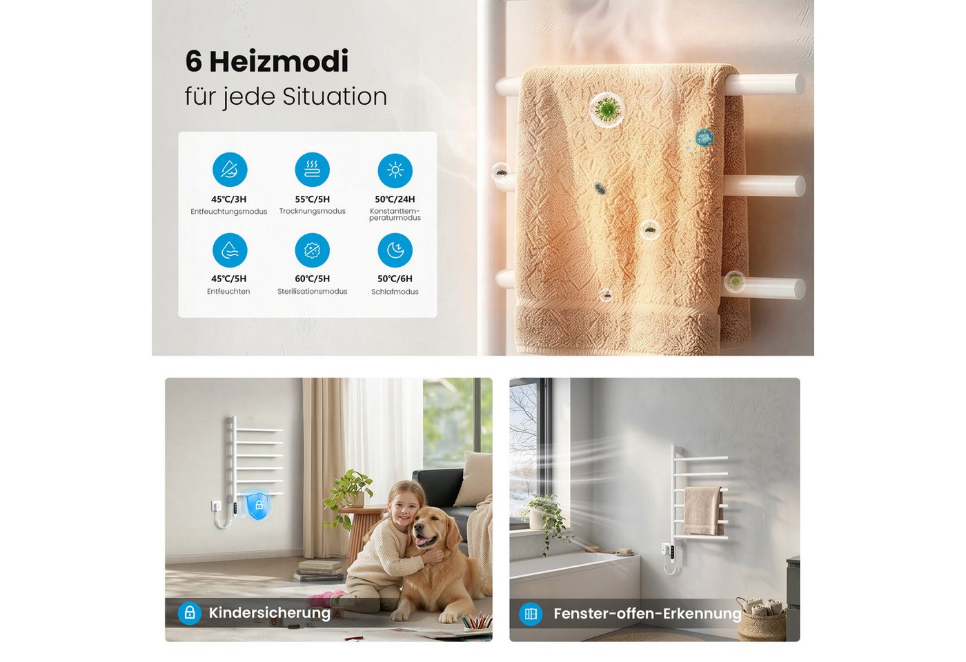 MEYKOERS Heizkörper Elektrisch für Handtücher mit 6 schwenkbaren Heizarmen, 180° drehbar, 135W, Weiß, WLAN-Steuerung, App- & Sprachsteuerung, 6 Heizmodi Bild 5