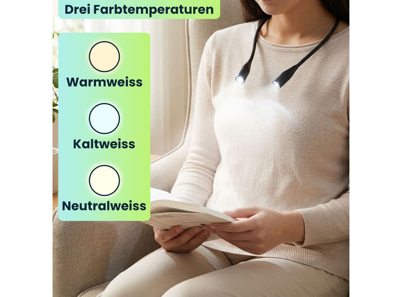 shop'n smile ideoon LED Leselampe LED Leseleuchte zum Umhängen Akku Leselampe 2W dimmbar 3 Farben, LED fest integriert, Wiederaufladbar/flexibler Schwanenhals/6 St. Leuchtdauer