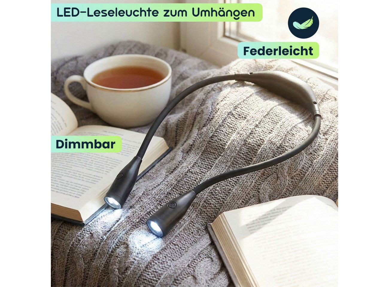 shop'n smile ideoon LED Leselampe LED Leseleuchte zum Umhängen Akku Leselampe 2W dimmbar 3 Farben, LED fest integriert, Wiederaufladbar/flexibler Schwanenhals/6 St. Leuchtdauer Bild 2