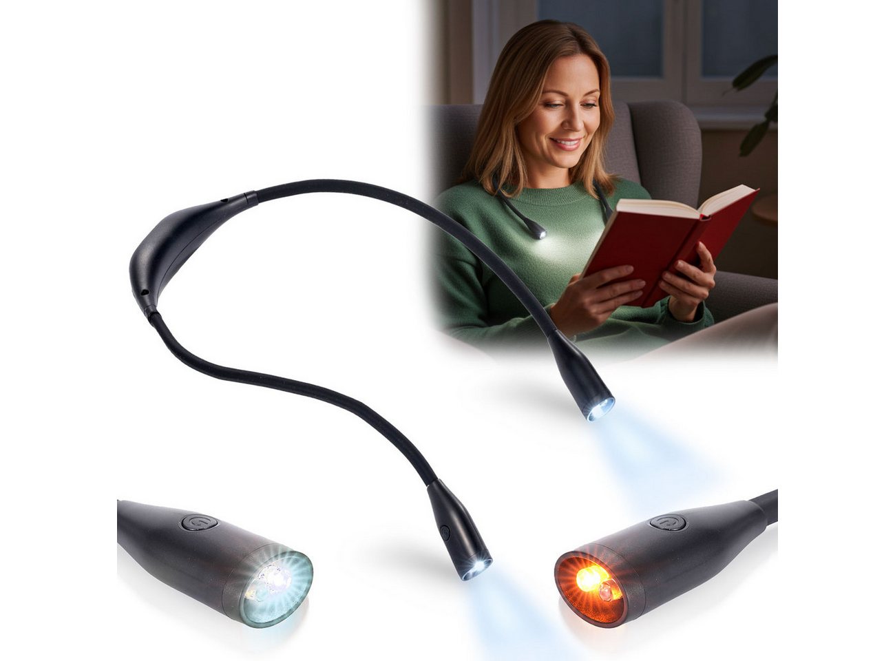 shop'n smile ideoon LED Leselampe LED Leseleuchte zum Umhängen Akku Leselampe 2W dimmbar 3 Farben, LED fest integriert, Wiederaufladbar/flexibler Schwanenhals/6 St. Leuchtdauer Bild 3