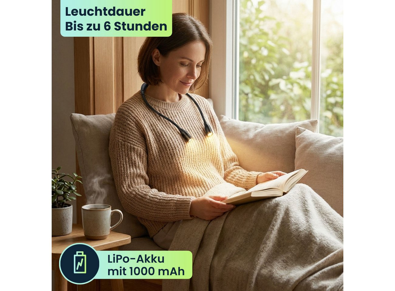 shop'n smile ideoon LED Leselampe LED Leseleuchte zum Umhängen Akku Leselampe 2W dimmbar 3 Farben, LED fest integriert, Wiederaufladbar/flexibler Schwanenhals/6 St. Leuchtdauer Bild 5