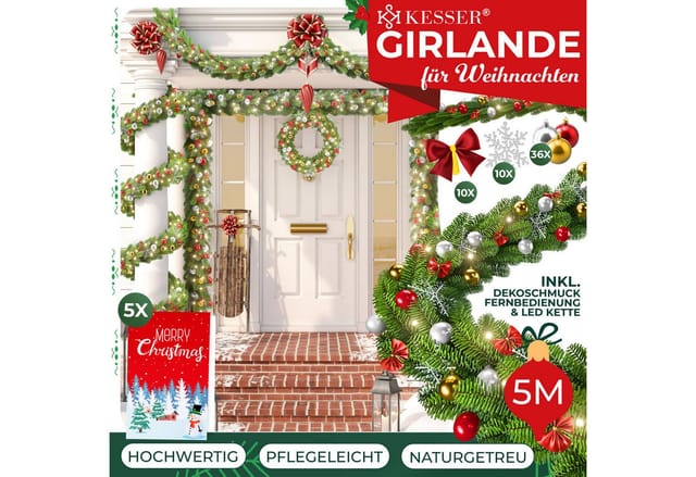 Kunstgirlande Weihnachtsgirlande LED Girlande 5m inkl. Deko-Schmuck & Fernbedienung, KESSER, Höhe 15 cm, Weihnachtsdeko, Tannengirlande mit LED-Beleuchtung, In & Outdoor