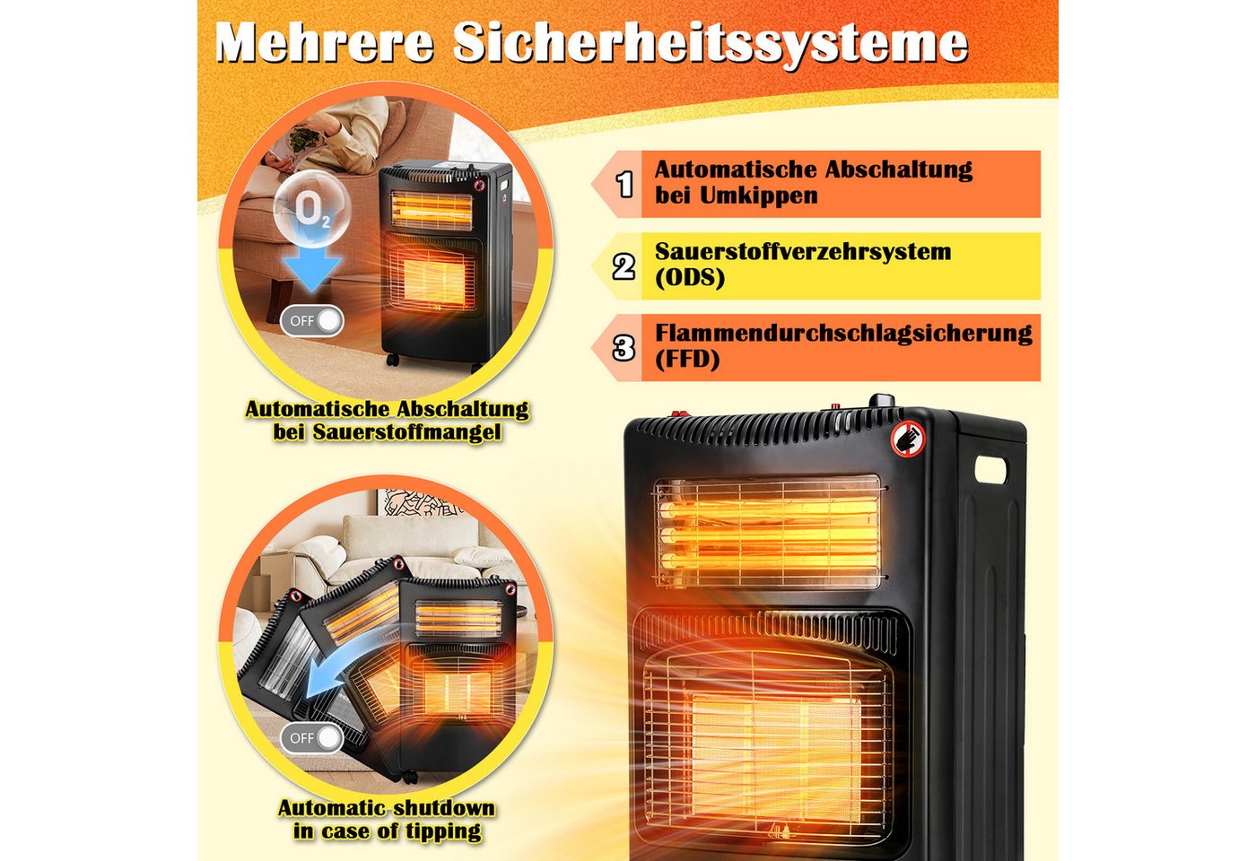 Clanmacy Heizgerät Keramik Gasheizgerät, Gas+Strom, Schwarz, 42x36x72 cm, Piezozündung, K, 4200 W Bild 2