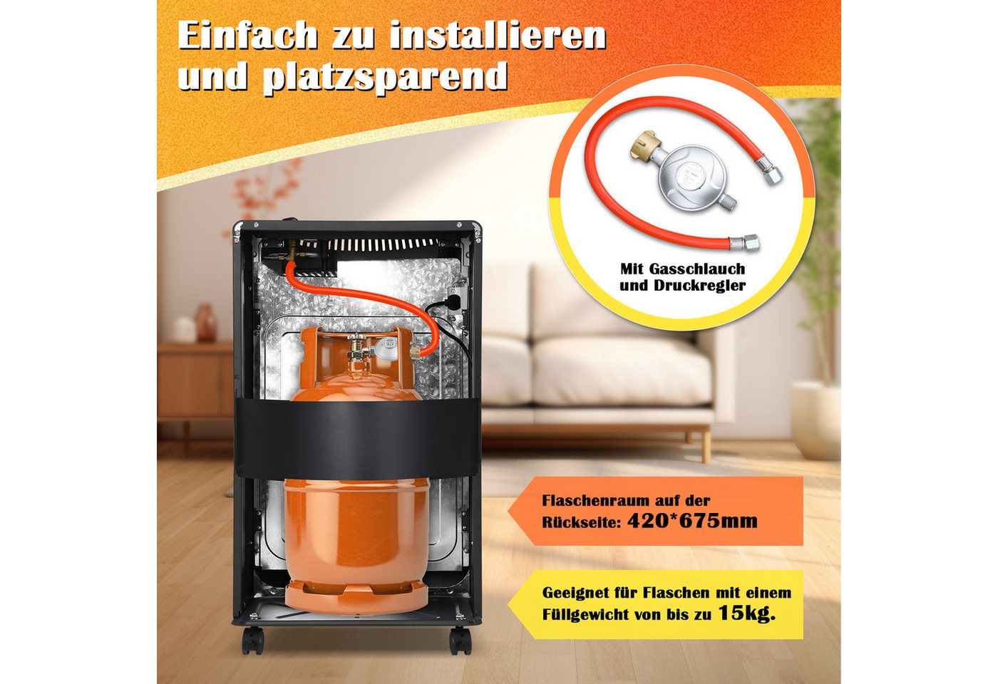 Clanmacy Heizgerät Keramik Gasheizgerät, Gas+Strom, Schwarz, 42x36x72 cm, Piezozündung, K, 4200 W Bild 3